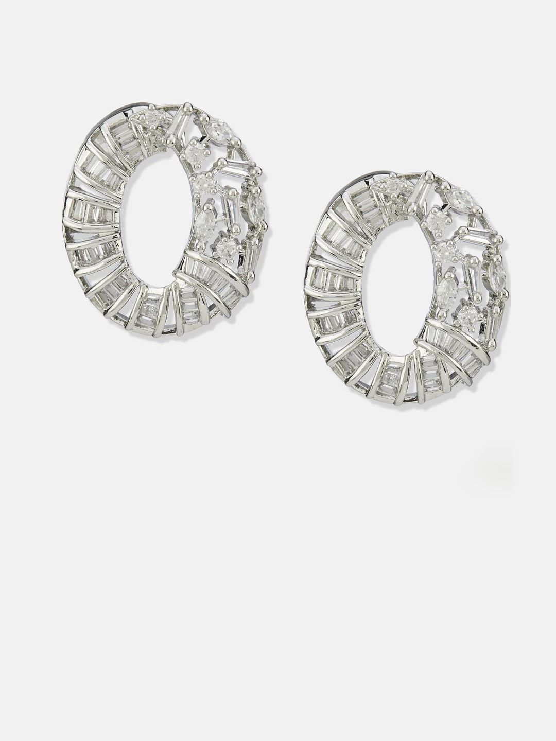 ATIBELLE Set Of 2 Silver-Plated Cubic Zirconia Studded Floral Shaped Studs