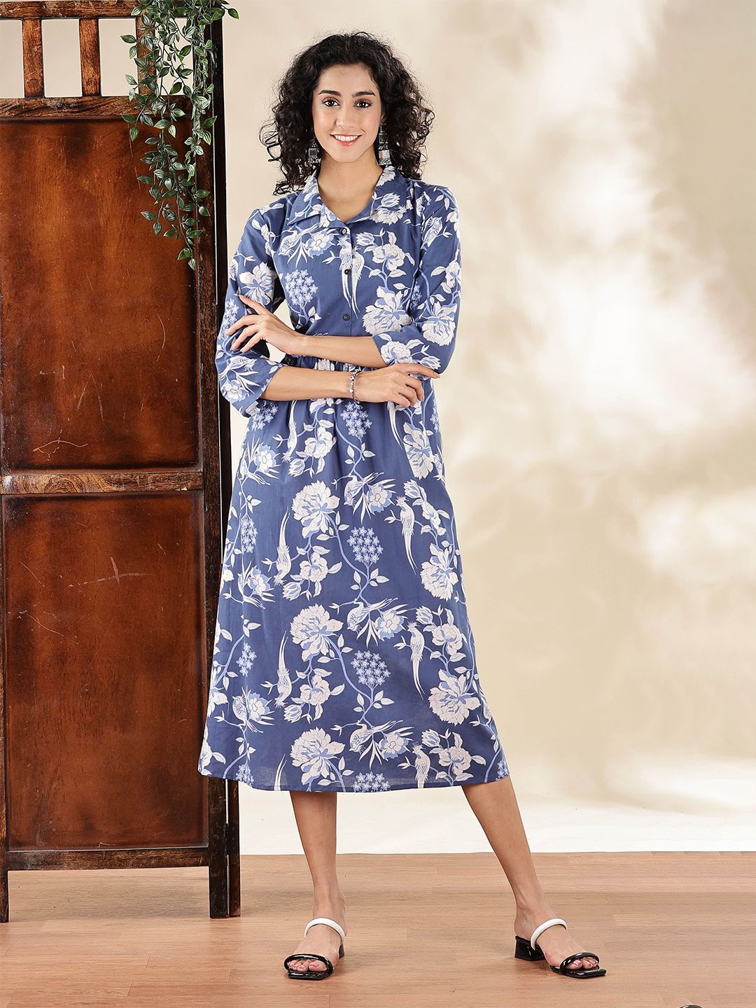 Anouk Women Cotton Shirt Collar Floral Printed Fit & Flare Maxi Dress