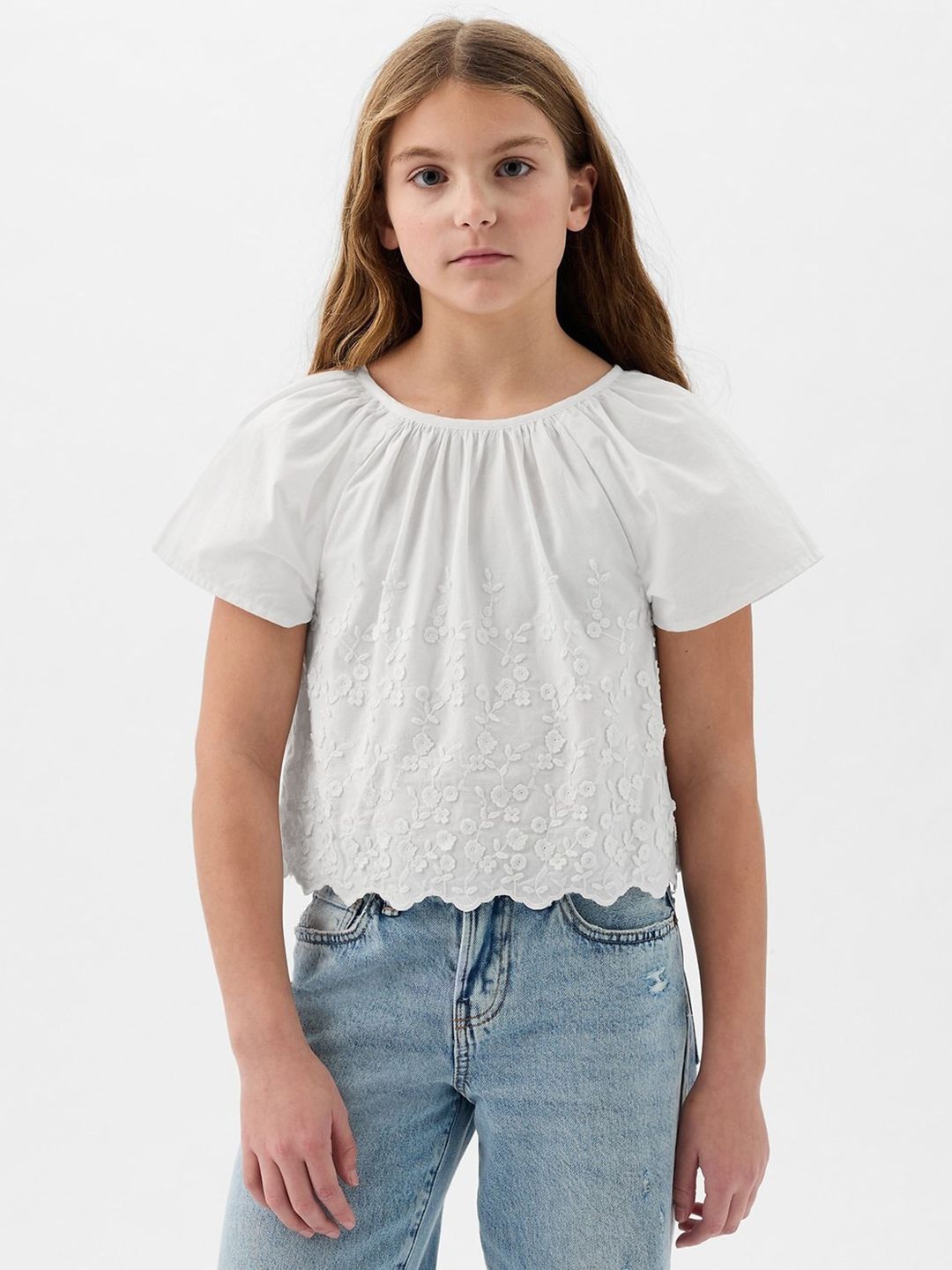 GAP Girls Floral Embroidered Flutter Sleeve Cotton Top