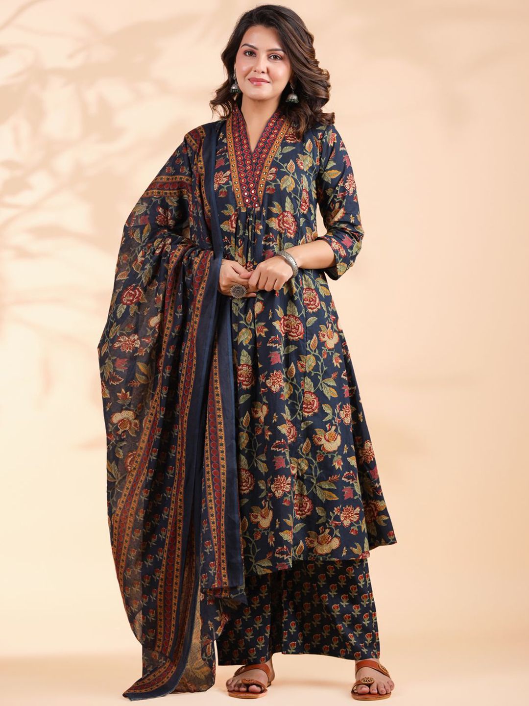 KALINI Floral Printed V Neck A Line Pure Cotton Kurta With Palazzos & Dupatta