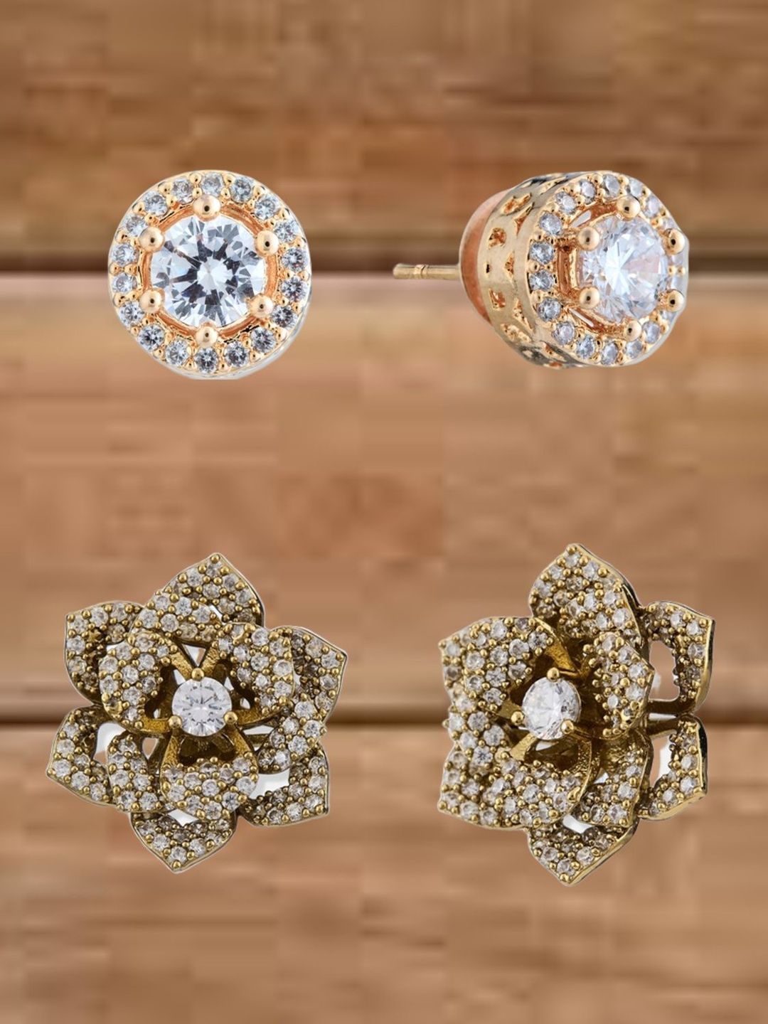 ATIBELLE Set Of 2 Gold-Plated Cubic Zirconia Studded Circular Studs