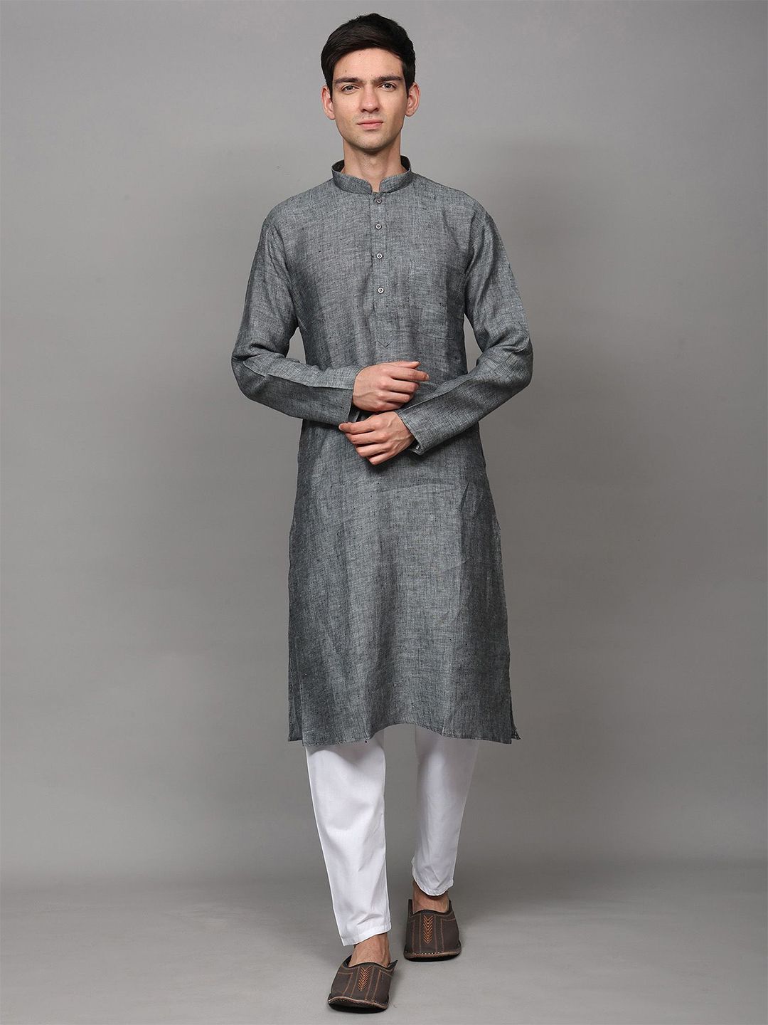 Exotic India Men Regular Plain Pure Linen Mandarin Collar Kurta with White Pajama Set-picture-25