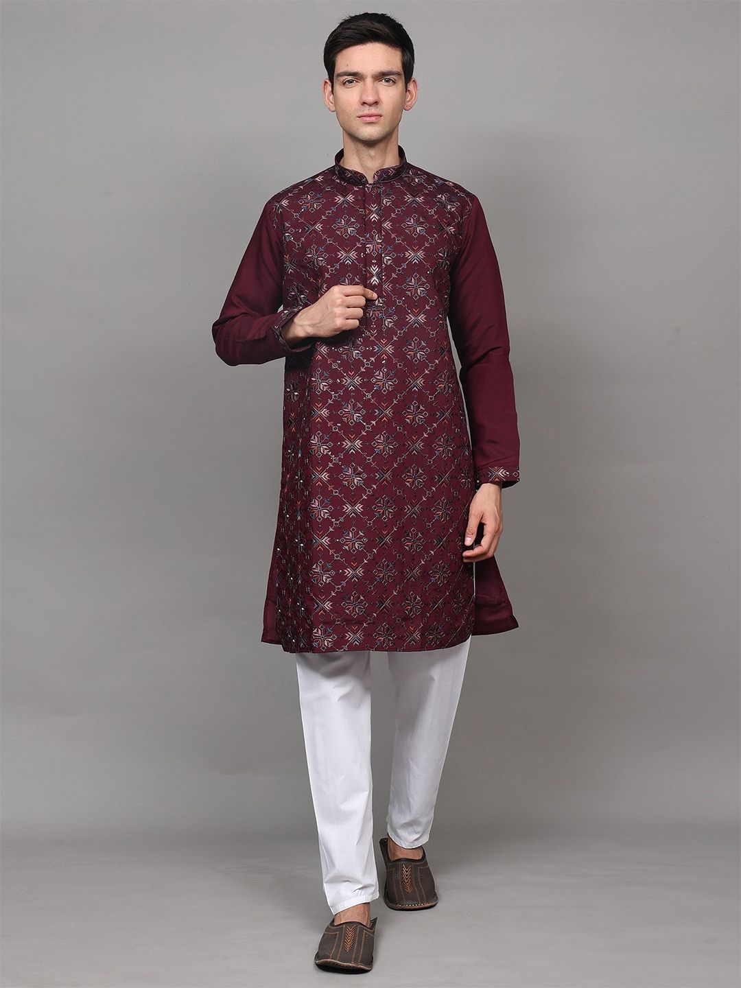 Exotic India Men Floral Embroidered Regular Kurta with Pyjamas-picture-12