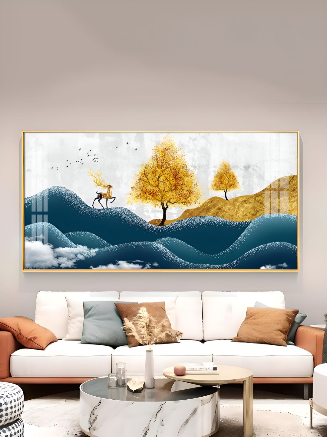 THE NEXT DECOR White & Teal Deer In Forest Glass Finish Horizontal Wall Art-picture-13