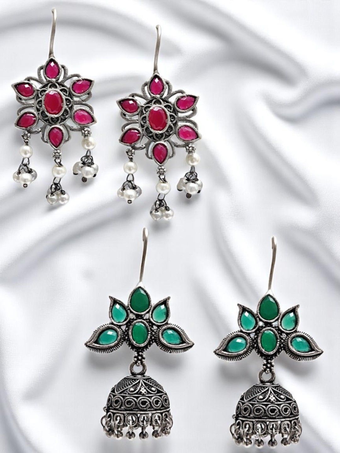 OOMPH Set Of 2 Artificial Stones Studded And Beaded Floral Shaped Floral Drop Earrings-image-5