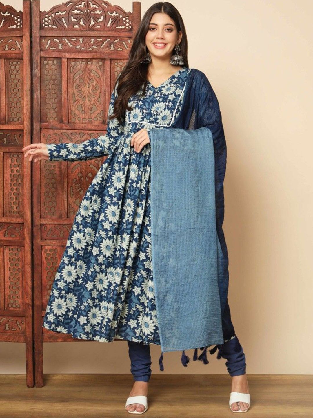 KALINI Floral Printed V-Neck Pure Cotton Anarkali Kurta With Trousers & Dupatta-picture-32