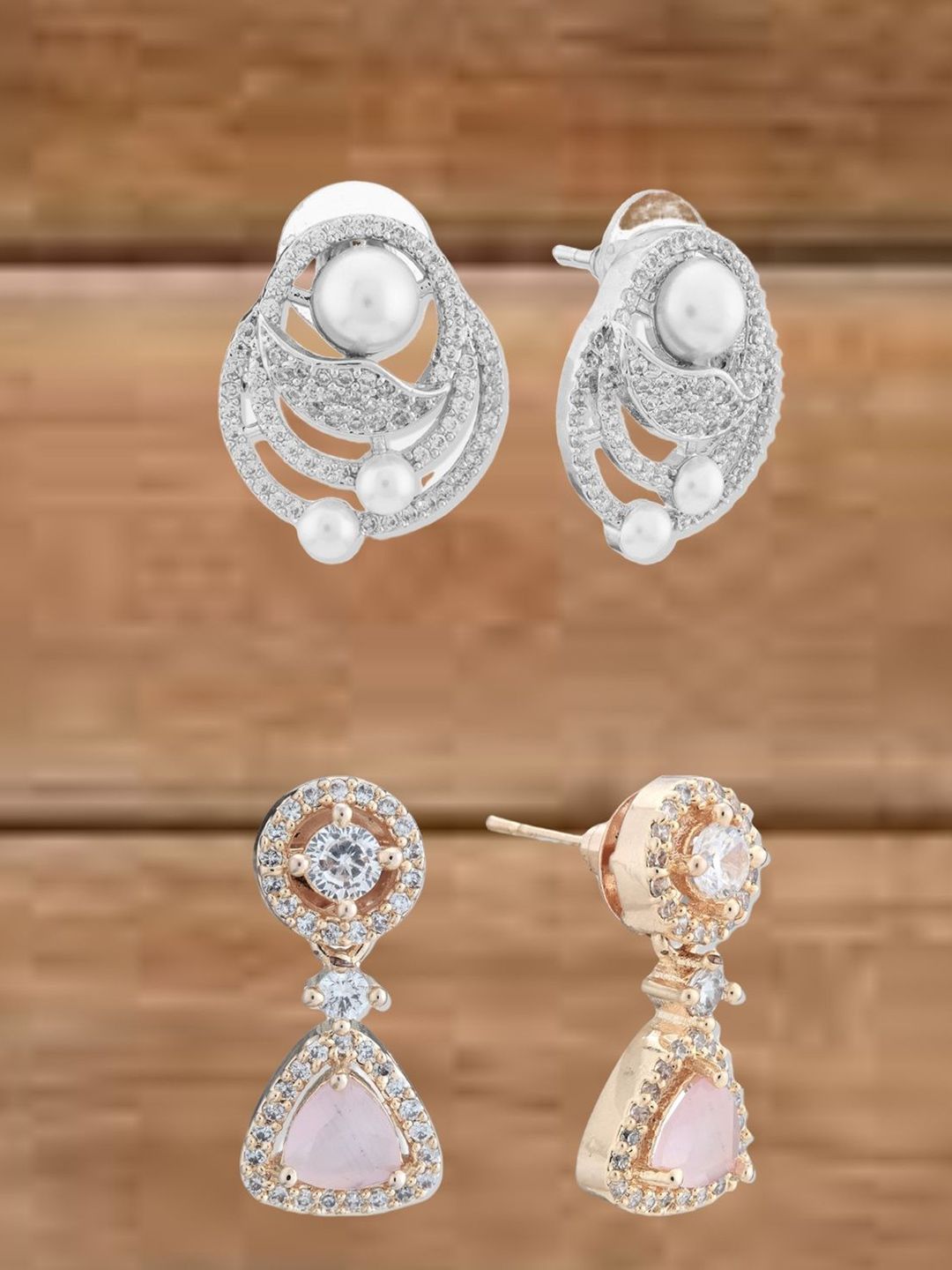 ATIBELLE Set Of 2 Silver-Plated Cubic Zirconia Studded Contemporary Studs