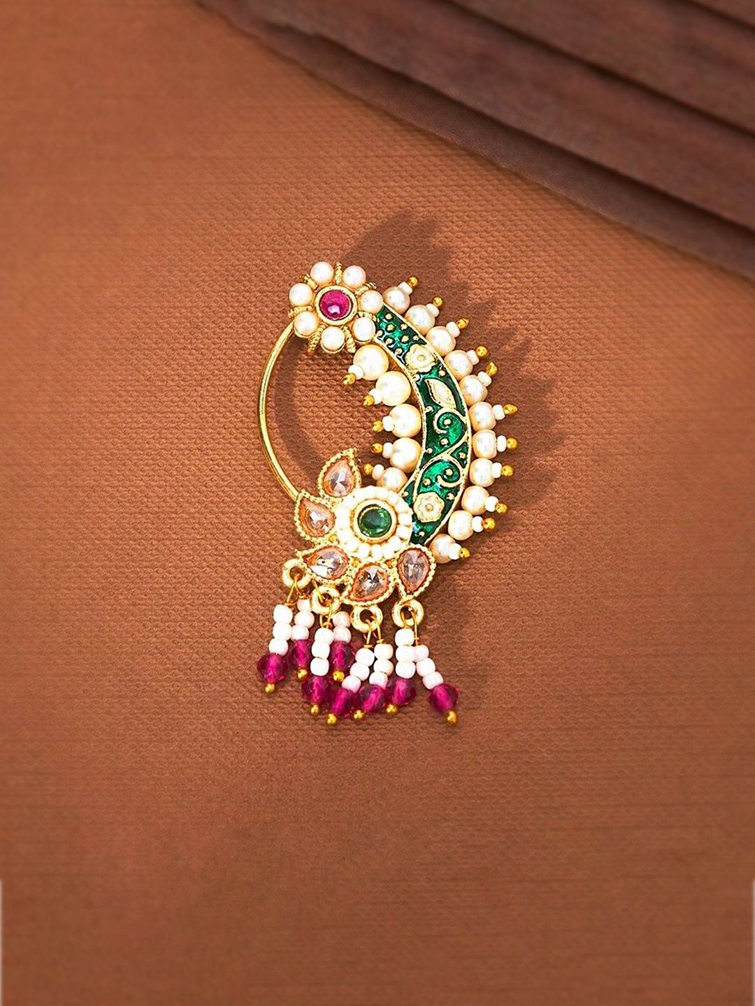 Adwitiya Collection Gold-Plated Meenakari Design Hanging Beads Maharastrian Nath-picture-23