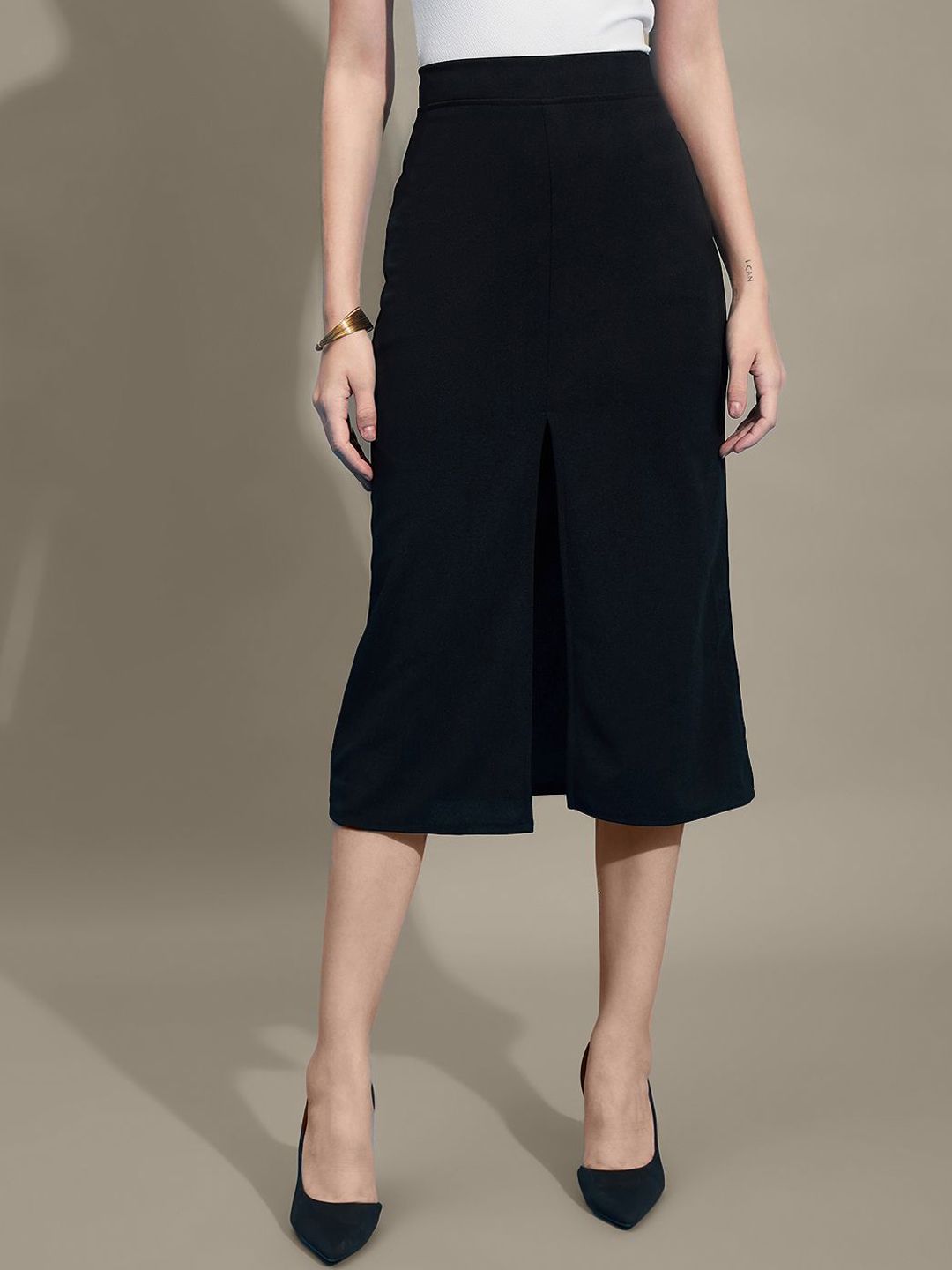 QIOA Pencil Below Knee Slit Midi Skirt-picture-27