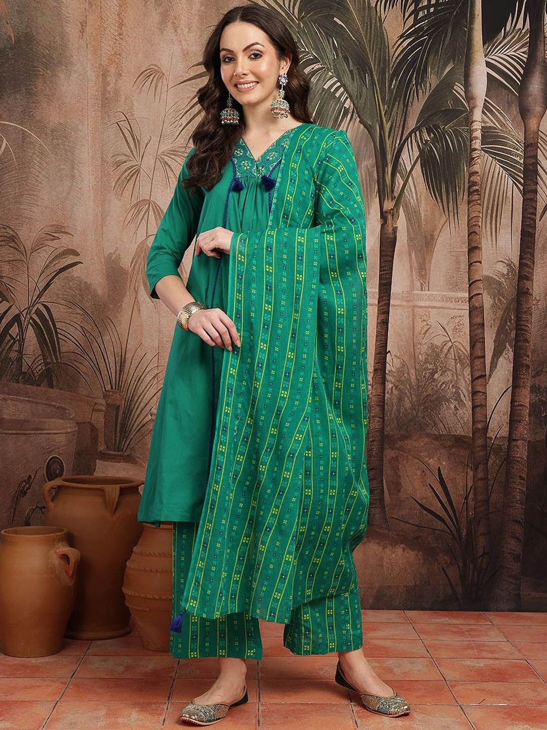 HERE&NOW Floral Yoke Design V-Neck Pure Cotton A-Line Kurta With Palazzos & Dupatta-picture-11