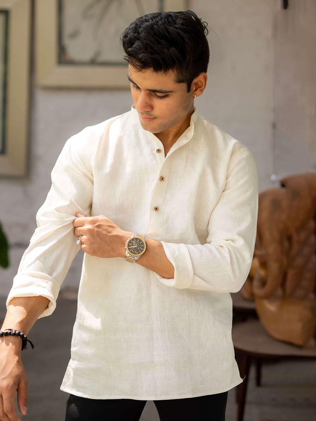 Shasak Mandarin Collar Linen Short Kurta-picture-35