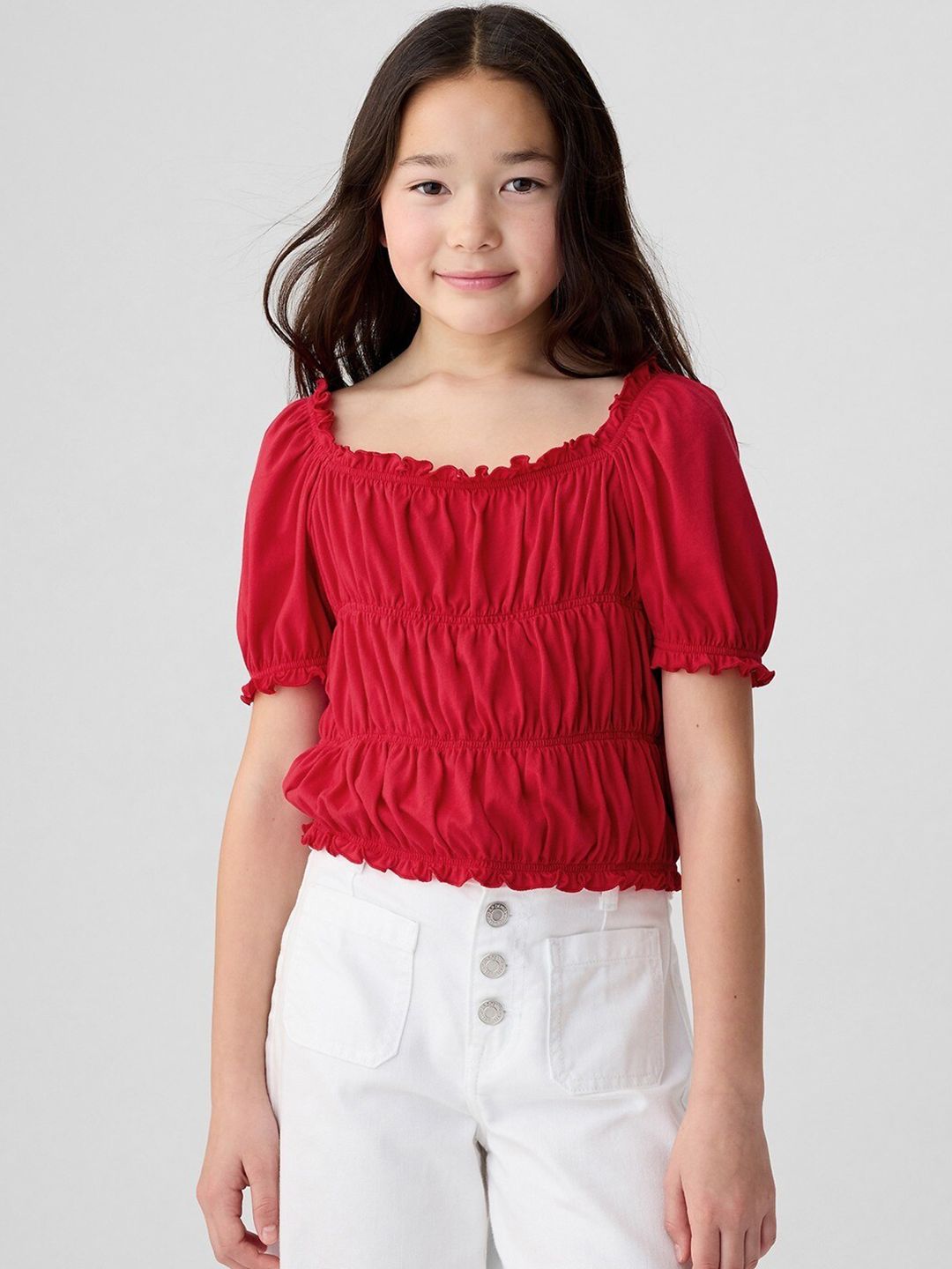 GAP Girls Puff Sleeves Ruffled & Ruched Pure Cotton Regular Top