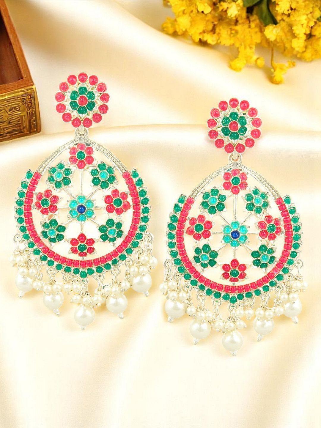 OOMPH Artificial Stones Studded & Beaded Floral Shaped Jadau Drop Earrings-image-35