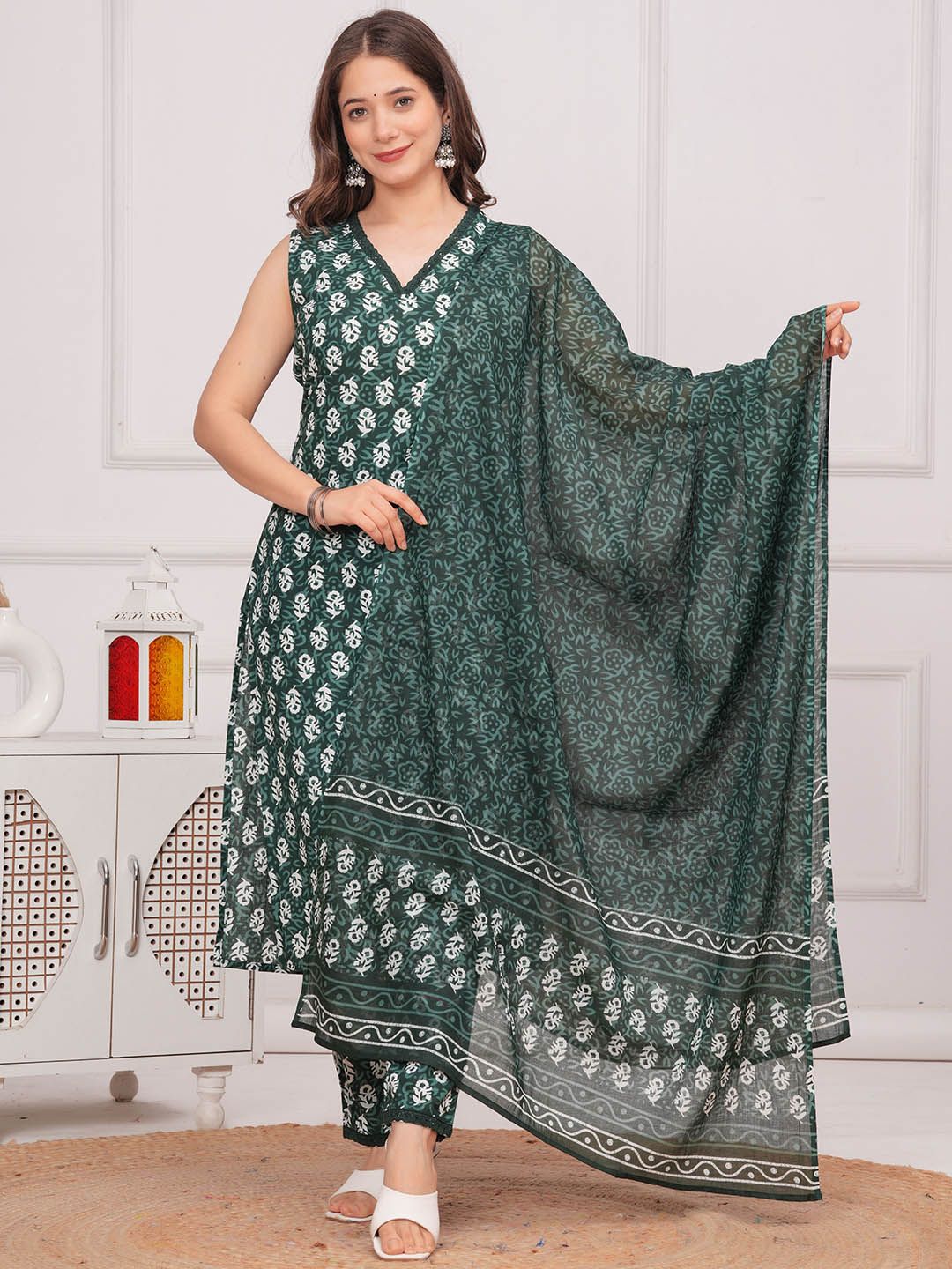 Moda Rapido Women Floral Printed Cotton Kurta with Trousers & Dupatta