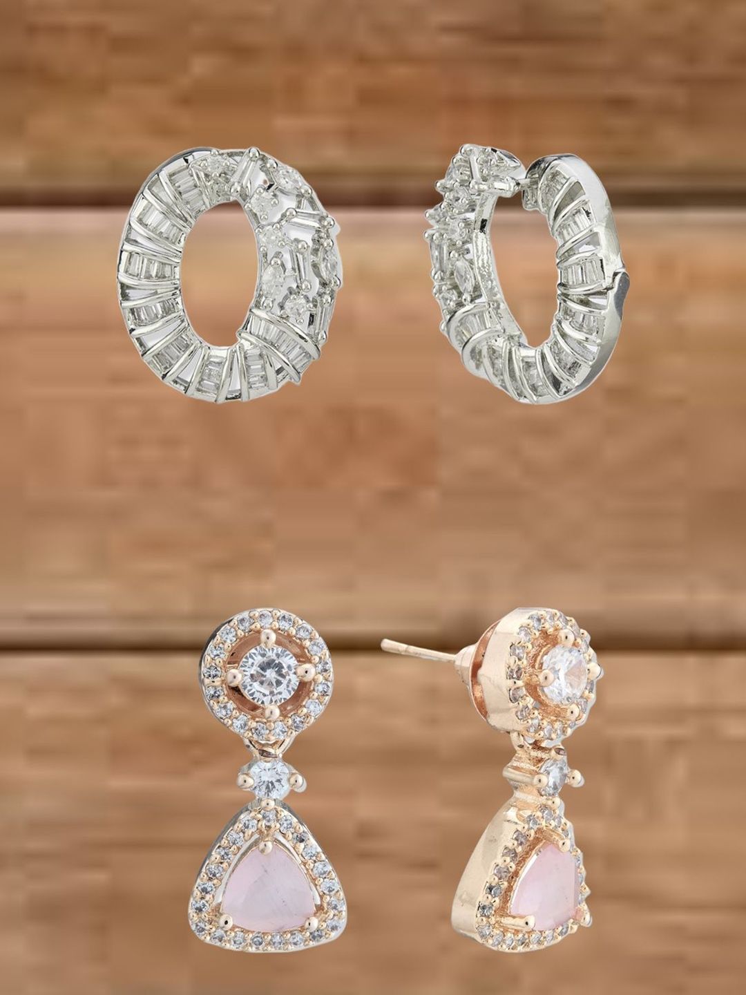 ATIBELLE Set of 2 Silver Plated Cubic Zirconia Studded Circular Shaped Studs