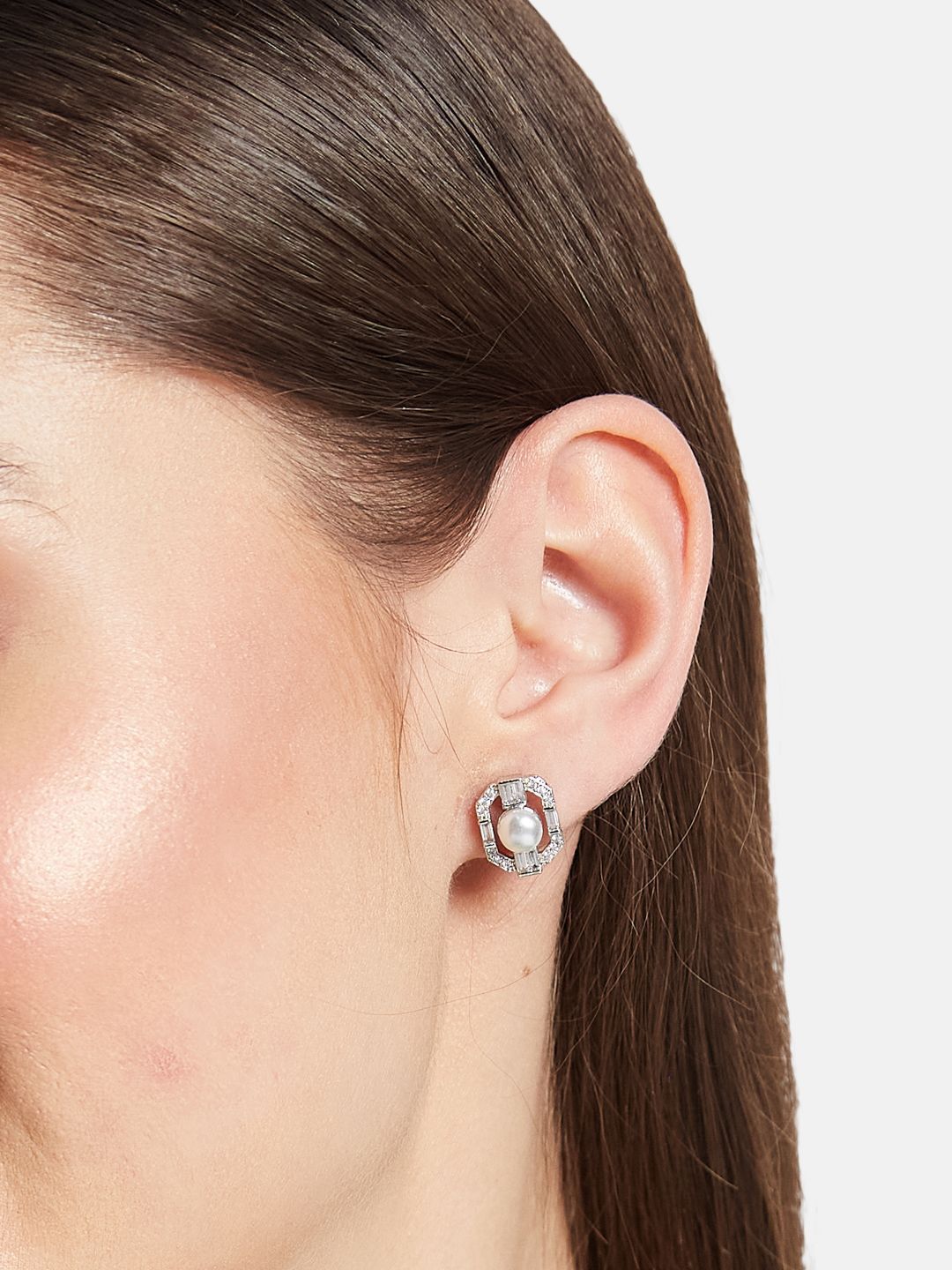 ATIBELLE Set Of 2 Silver-Plated Cubic Zirconia Studded Contemporary Studs