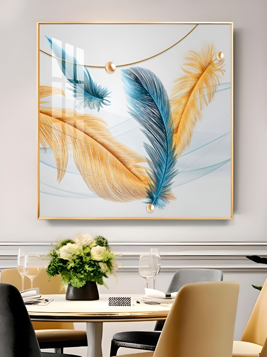 THE NEXT DECOR Yellow & Blue Plume Glass Finish Square Wall Art-picture-32