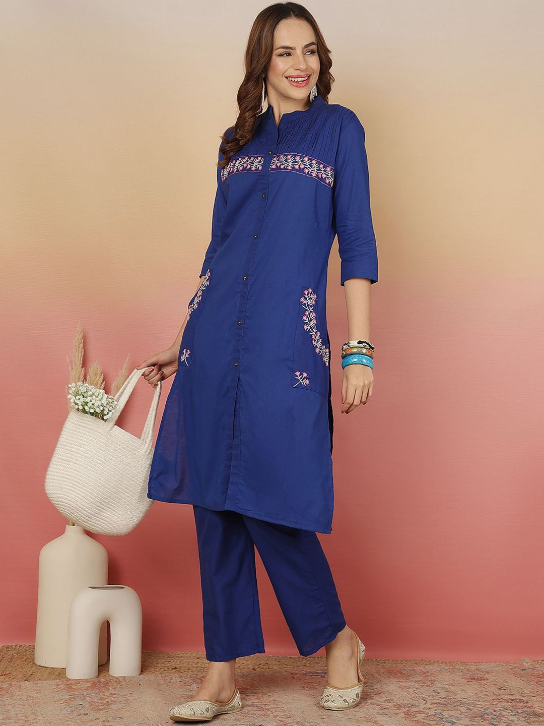 Rust Embroidered Pure Cotton Straight Kurta Trousers Set