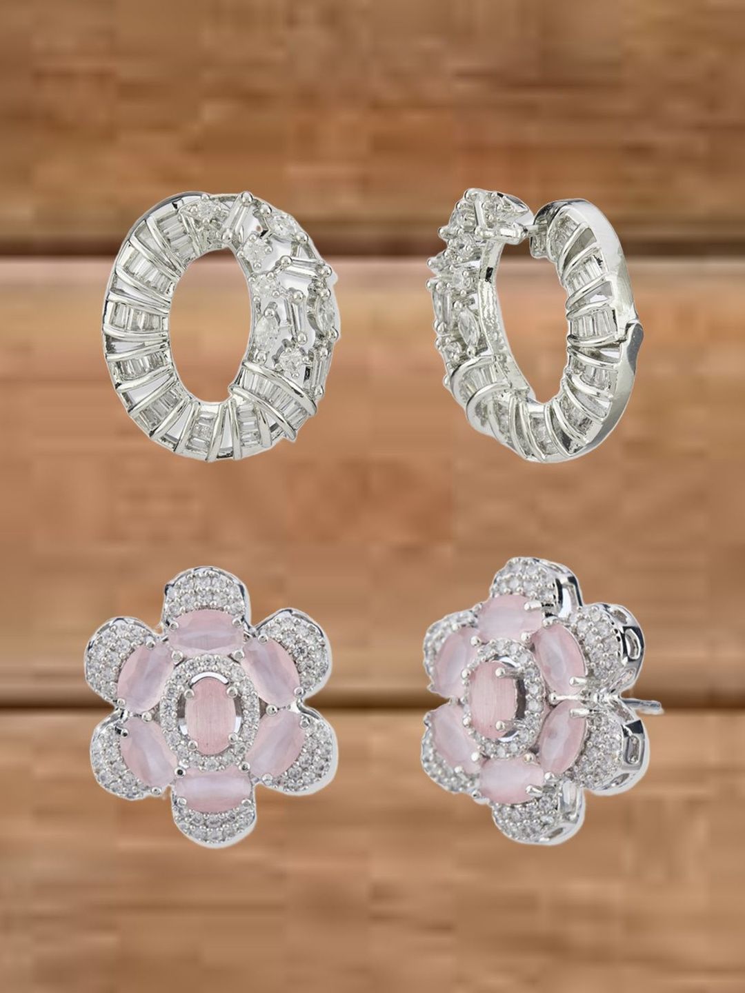 ATIBELLE Set Of 2 Silver-Plated Cubic Zirconia Studded Floral Shaped Studs