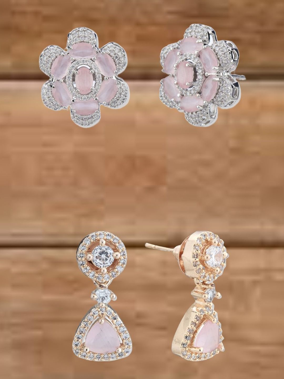 ATIBELLE Set Of 2 Silver-Plated Cubic Zirconia Studded Floral Shaped Studs