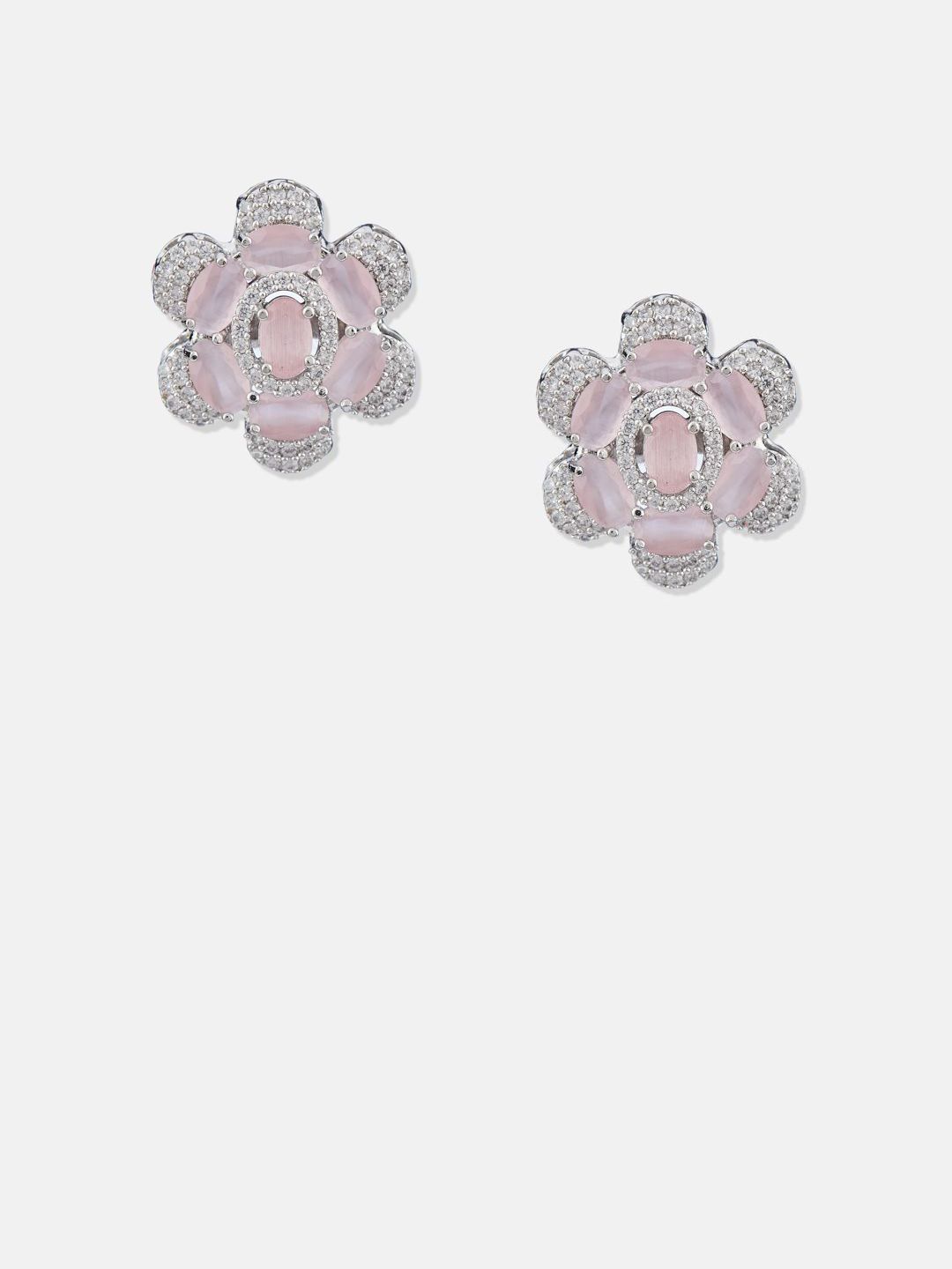 ATIBELLE Set Of 2 Silver-Plated Cubic Zirconia Studded Floral Shaped Studs