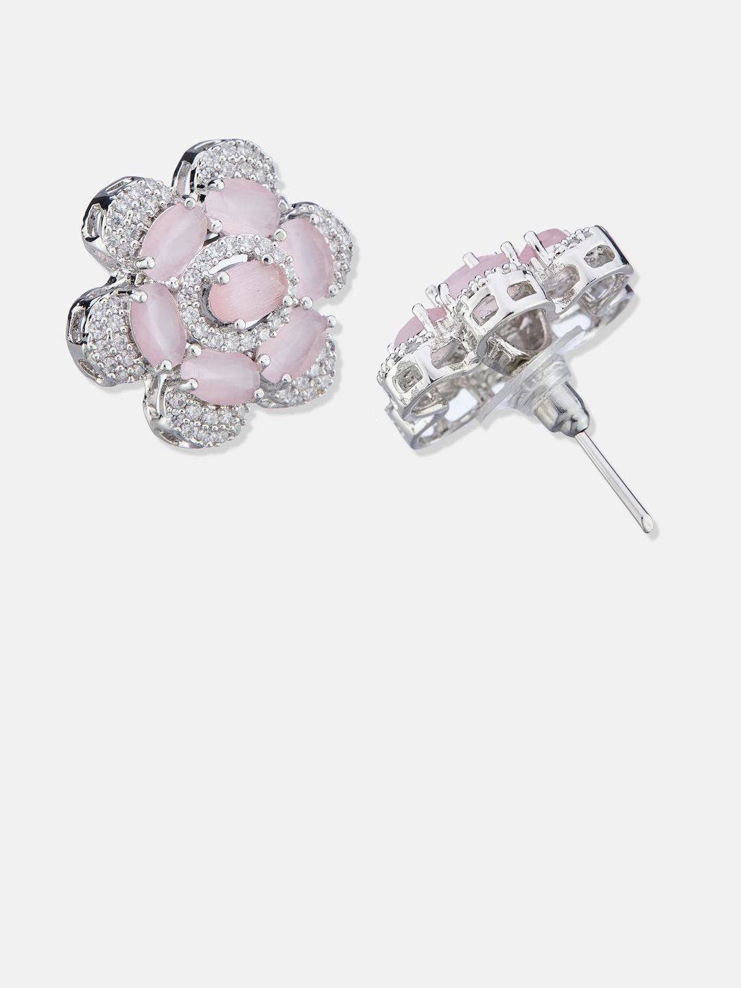 ATIBELLE Set Of 2 Silver-Plated Cubic Zirconia Studded Floral Shaped Studs