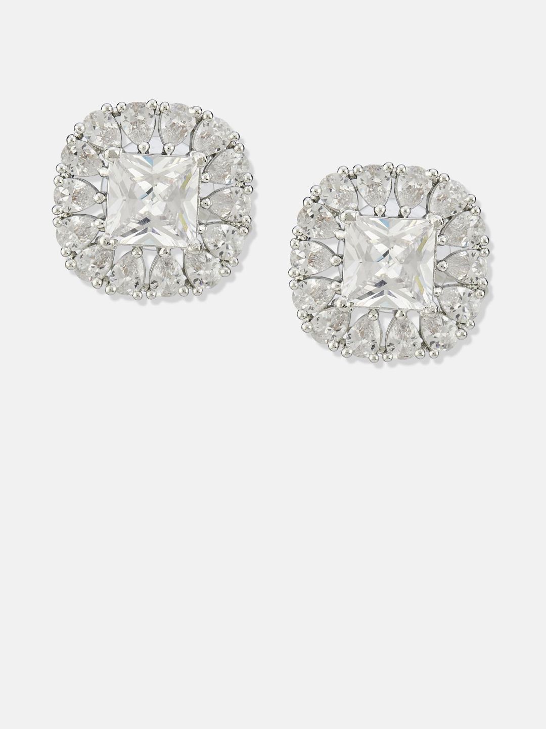 ATIBELLE Set Of 2 Silver-Plated Cubic Zirconia Studded Geometric Shaped Studs