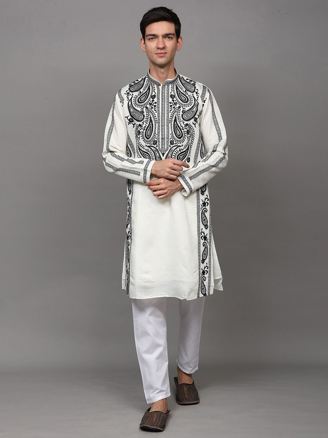 Exotic India Men Paisley Embroidered Regular Thread Work Kurta with Pyjamas-image-44