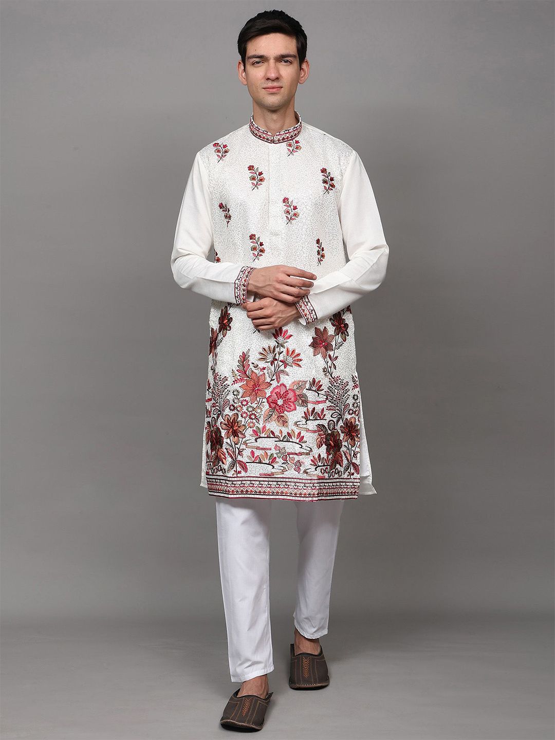 Exotic India Men Floral Embroidered Regular Thread Work Kurta with Pyjamas-picture-13