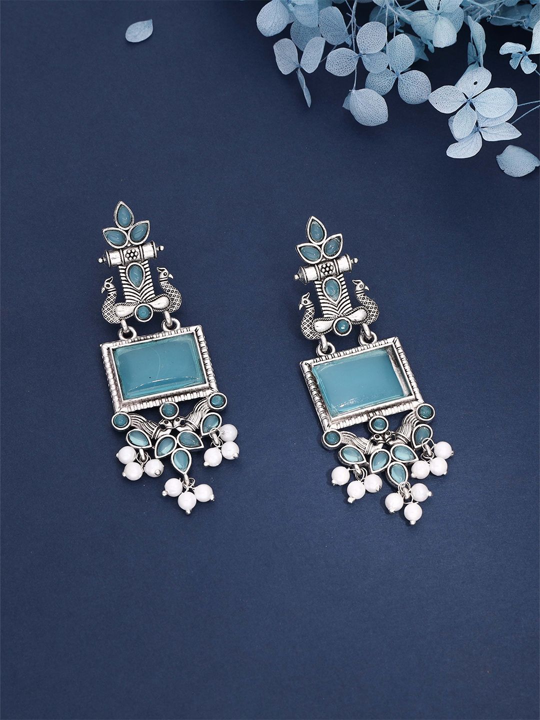 Anouk Silver Plated Artificial Beads Oxidised Geometric Shaped Drop Earrings-picture-31
