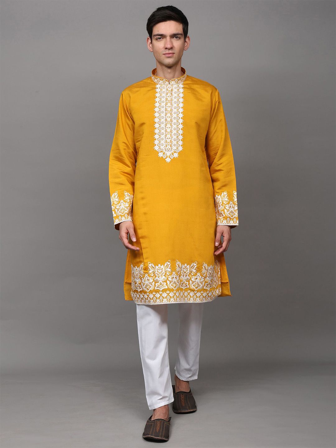 Exotic India Men Floral Embroidered Regular Thread Work Kurta with Pyjamas-picture-14