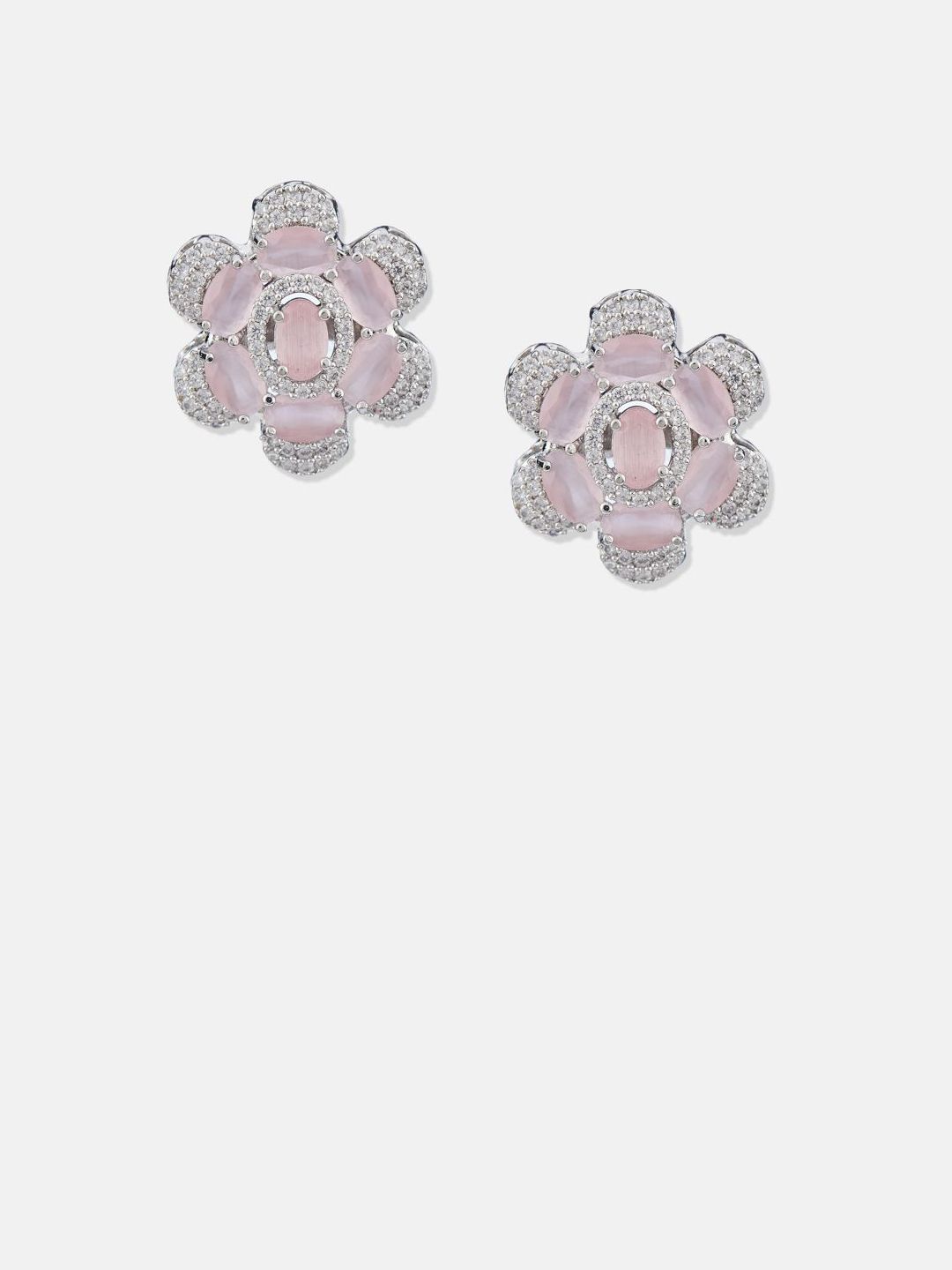ATIBELLE Set Of 2 Silver-Plated Cubic Zirconia Studded Floral Shaped Studs