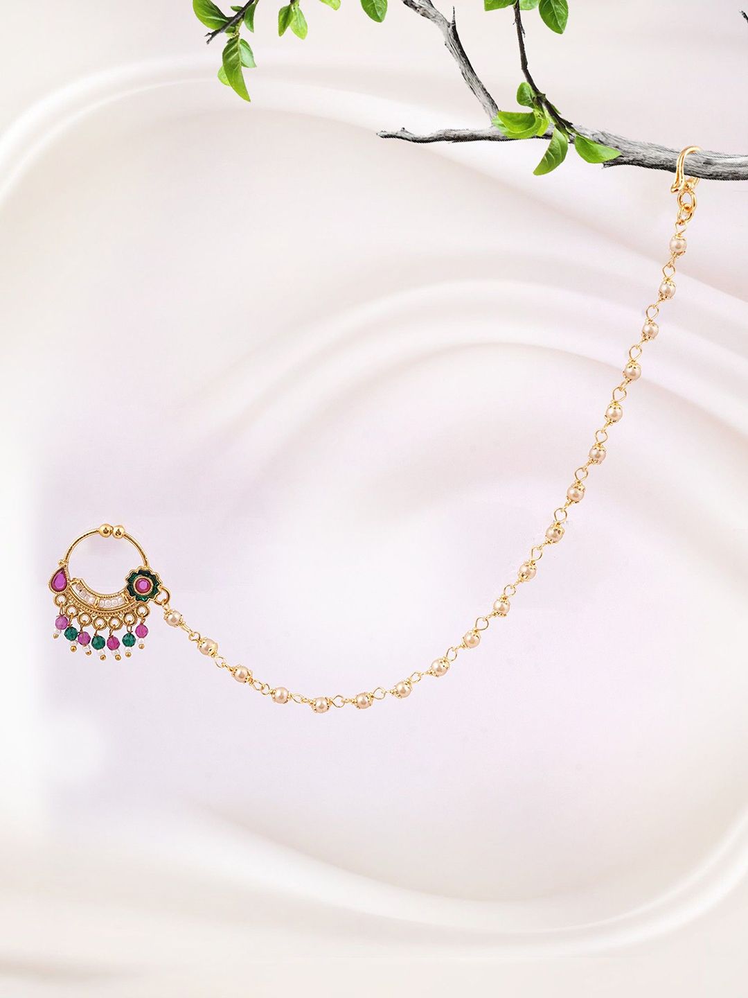 Adwitiya Collection Gold-Plated Stone Studded Beaded Chained Nose Ring-picture-18