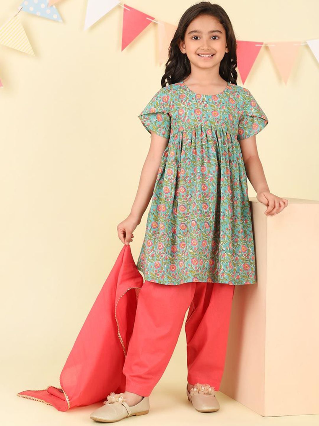 Fabindia Girls Floral Printed Empire Pure Cotton Kurta with Salwar & With Dupatta-picture-10