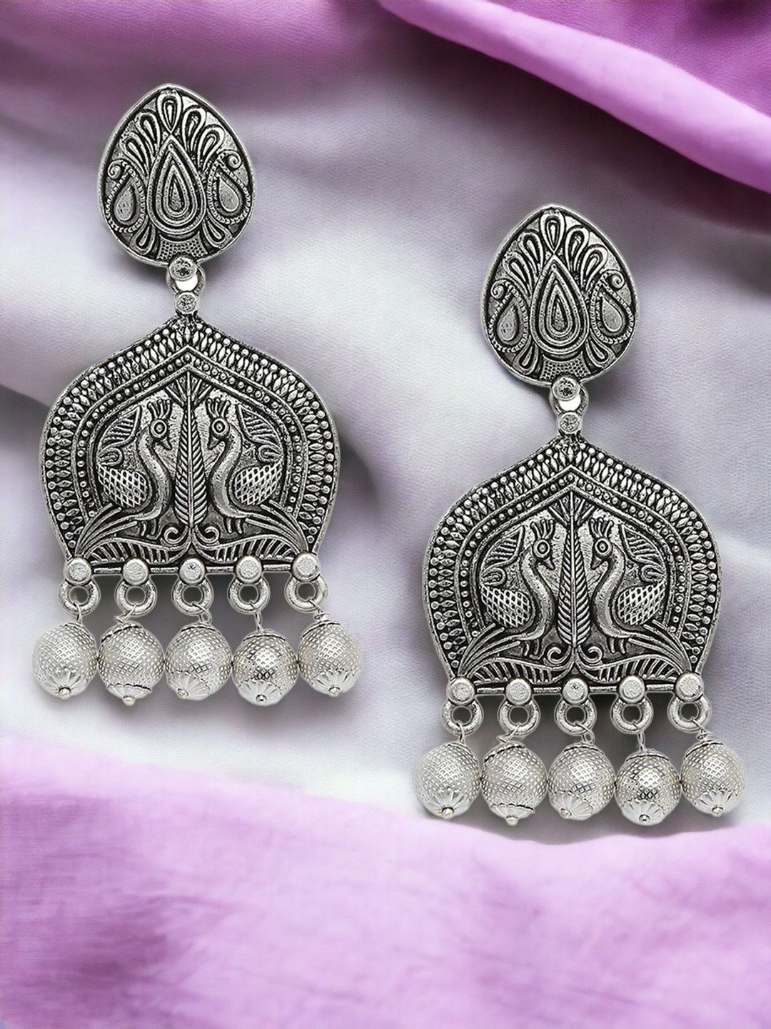 OOMPH Artificial Stones Studded Peacock Shaped Oxidised Drop Earrings-image-31