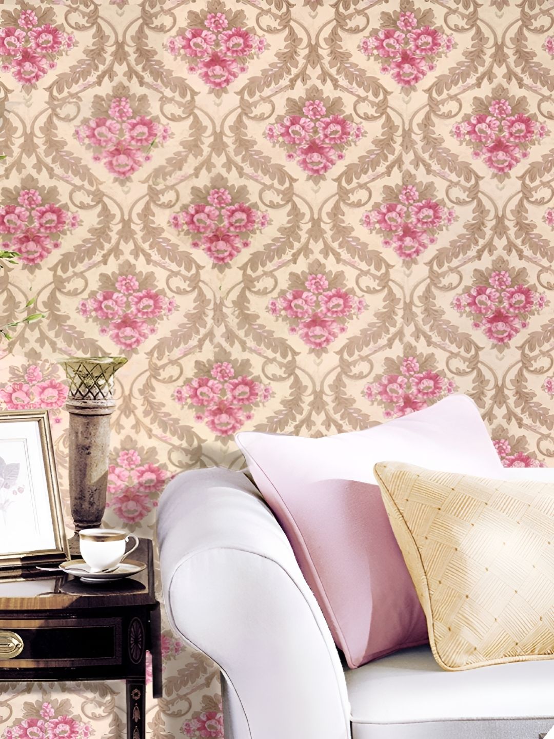 INDIAN ROYALS Cream & Pink Printed Damask Self-Adhesive Peel & Stick Waterproof Wallpaper-picture-30