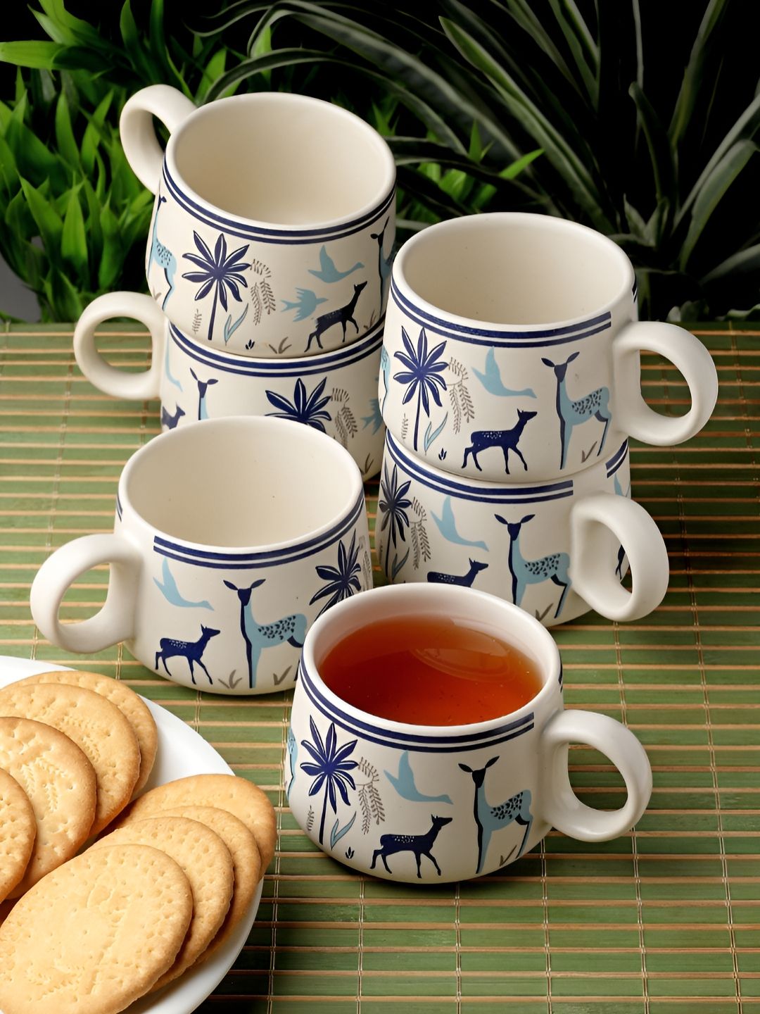 Myntra Elegant Homes Off White & Blue Ethnic Motifs Printed Stoneware Matte Cups Set of Cups and Mugs-image-25