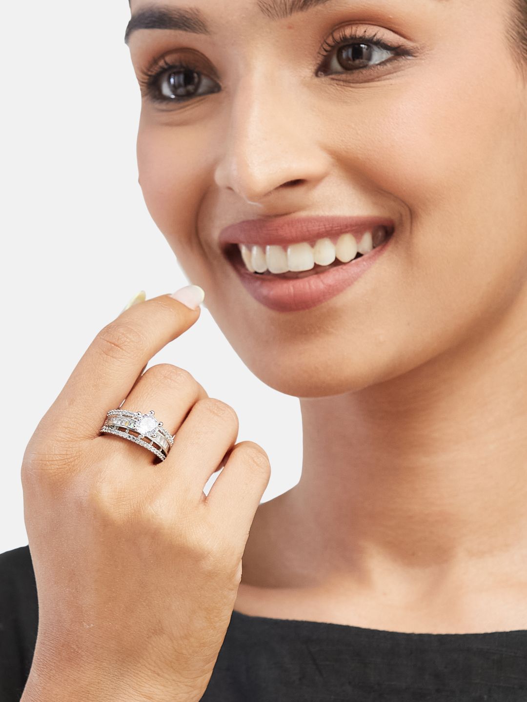 ATIBELLE Sliver-Plated Cubic-Zirconia-Studded Adjustable Finger Ring
