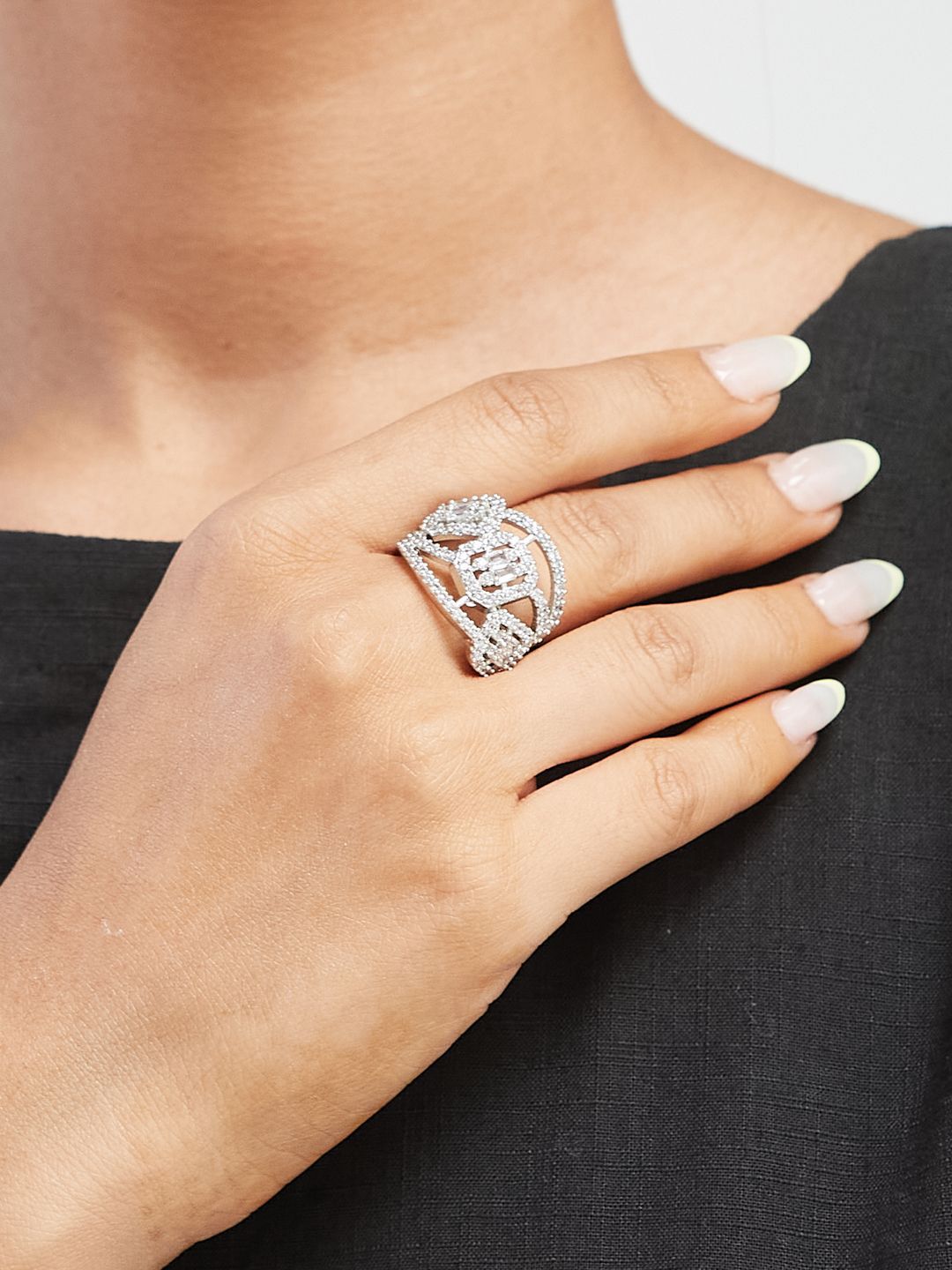 ATIBELLE Silver-Plated Cubic Zirconia-Studded Adjustable Finger Ring