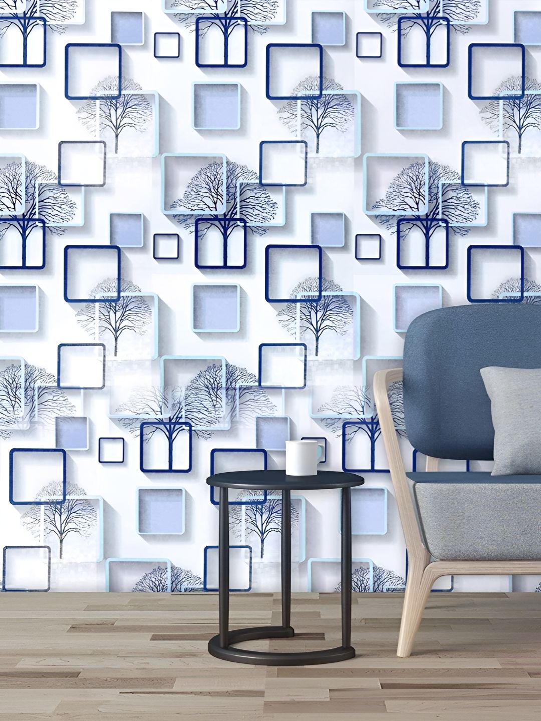 INDIAN ROYALS Blue & White Printed Tree PVC Vinyl Waterproof Wallpaper-image-19