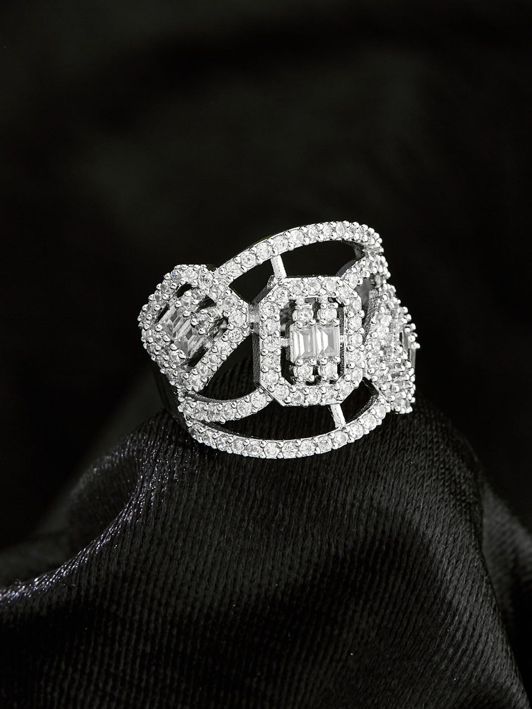 ATIBELLE Silver-Plated Cubic Zirconia-Studded Adjustable Finger Ring