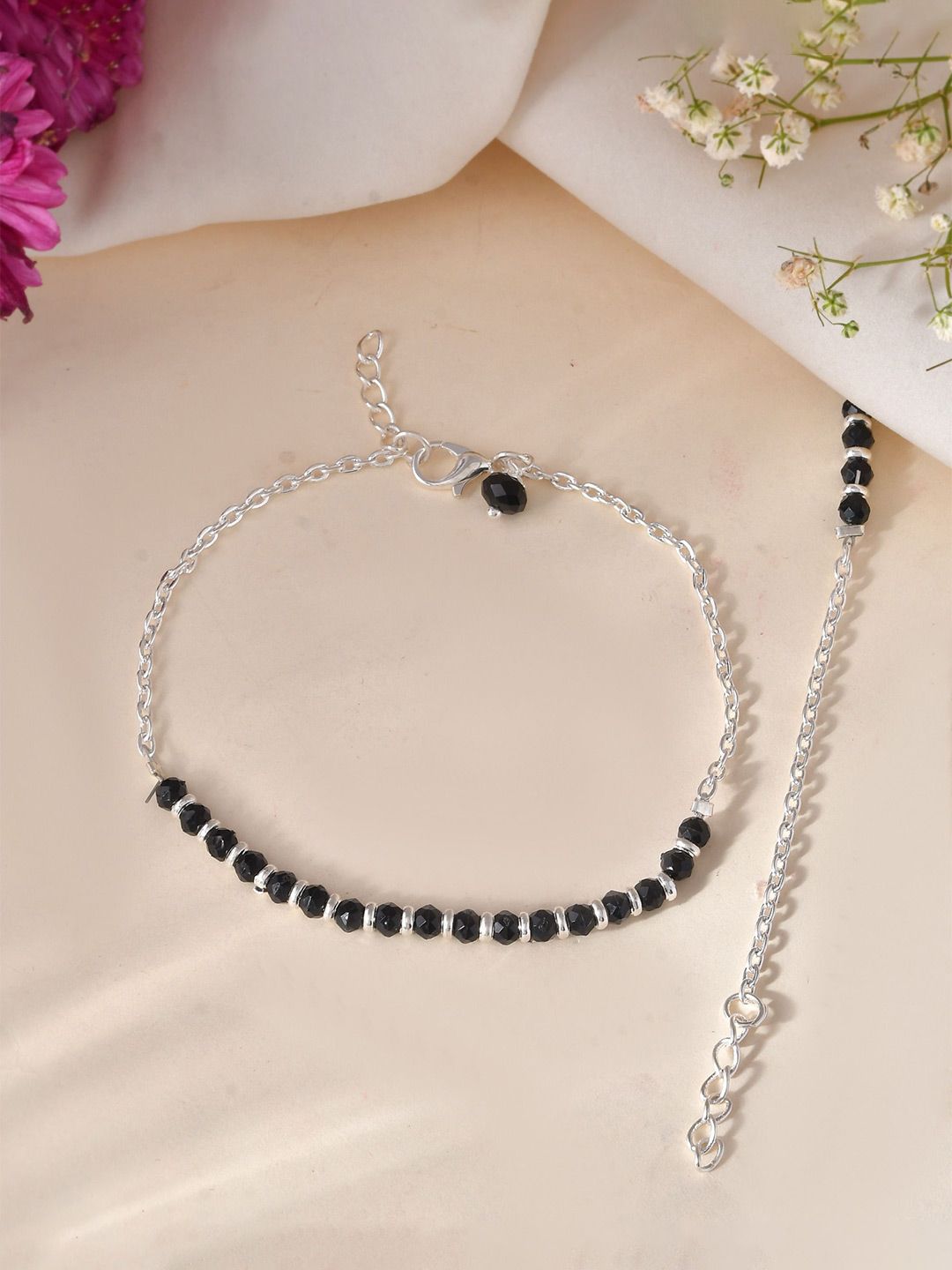 DIVASTRI Pack Of 2 Stainless Steel Silver-Plated Artificial Beads Anklet-picture-10