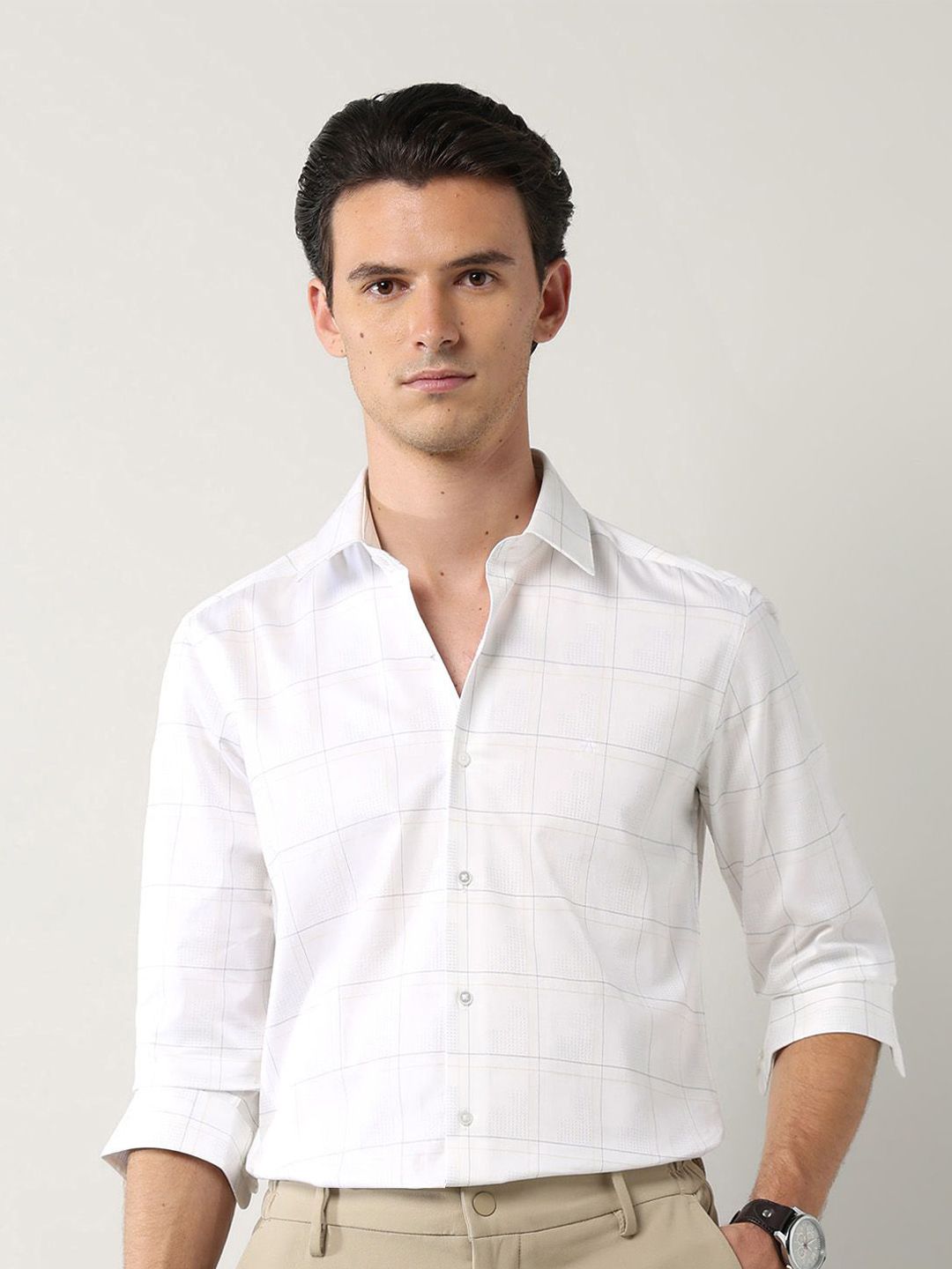 Arrow New York Slim Fit Windowpane Checked Opaque Pure Cotton Formal Shirt