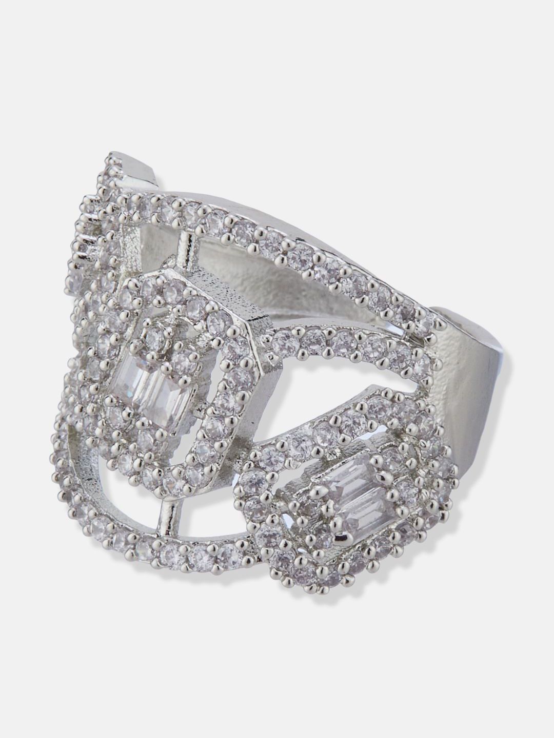ATIBELLE Silver-Plated Cubic Zirconia-Studded Adjustable Finger Ring