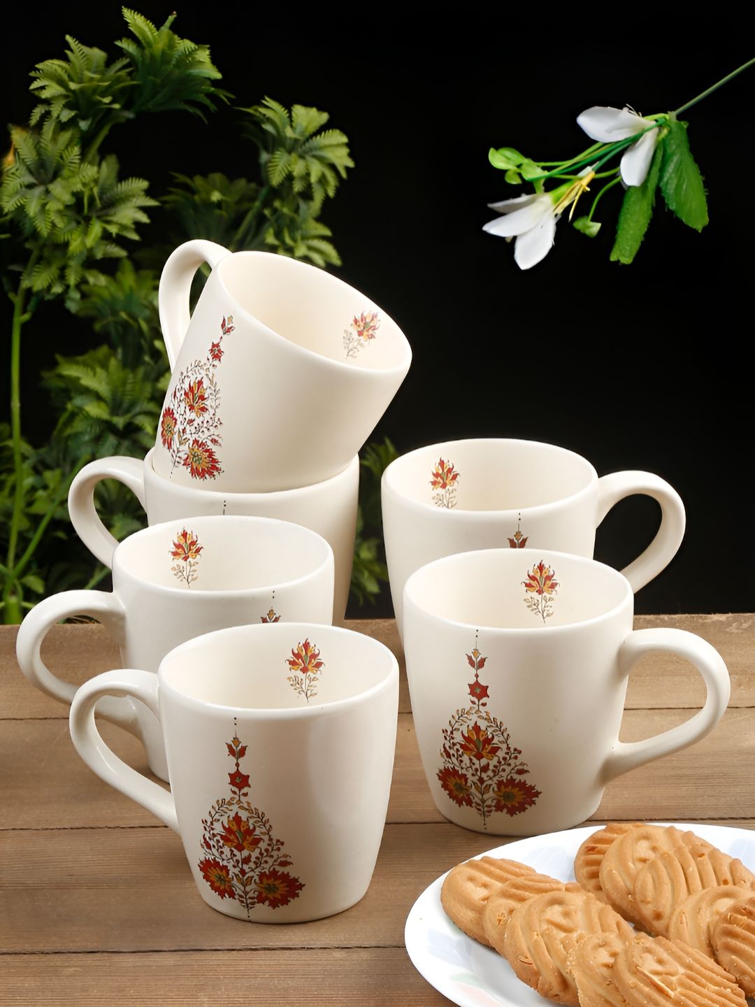 Myntra Elegant Homes Off White & Red Ethnic Motifs Printed Stoneware Matte Cups Set of Cups and Mugs-picture-10
