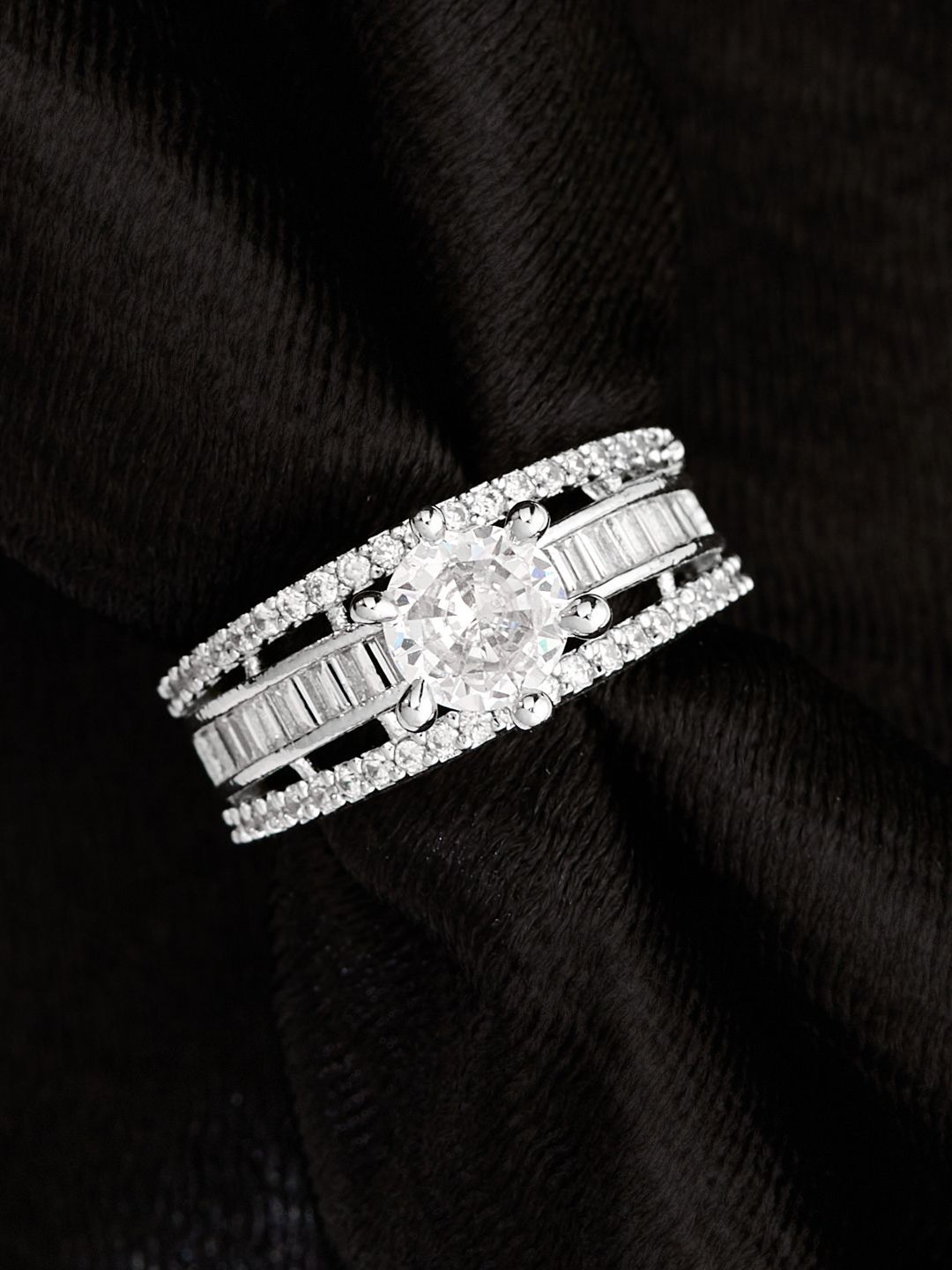ATIBELLE Sliver-Plated Cubic-Zirconia-Studded Adjustable Finger Ring
