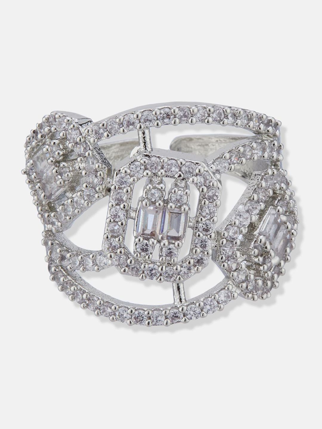 ATIBELLE Silver-Plated Cubic Zirconia-Studded Adjustable Finger Ring