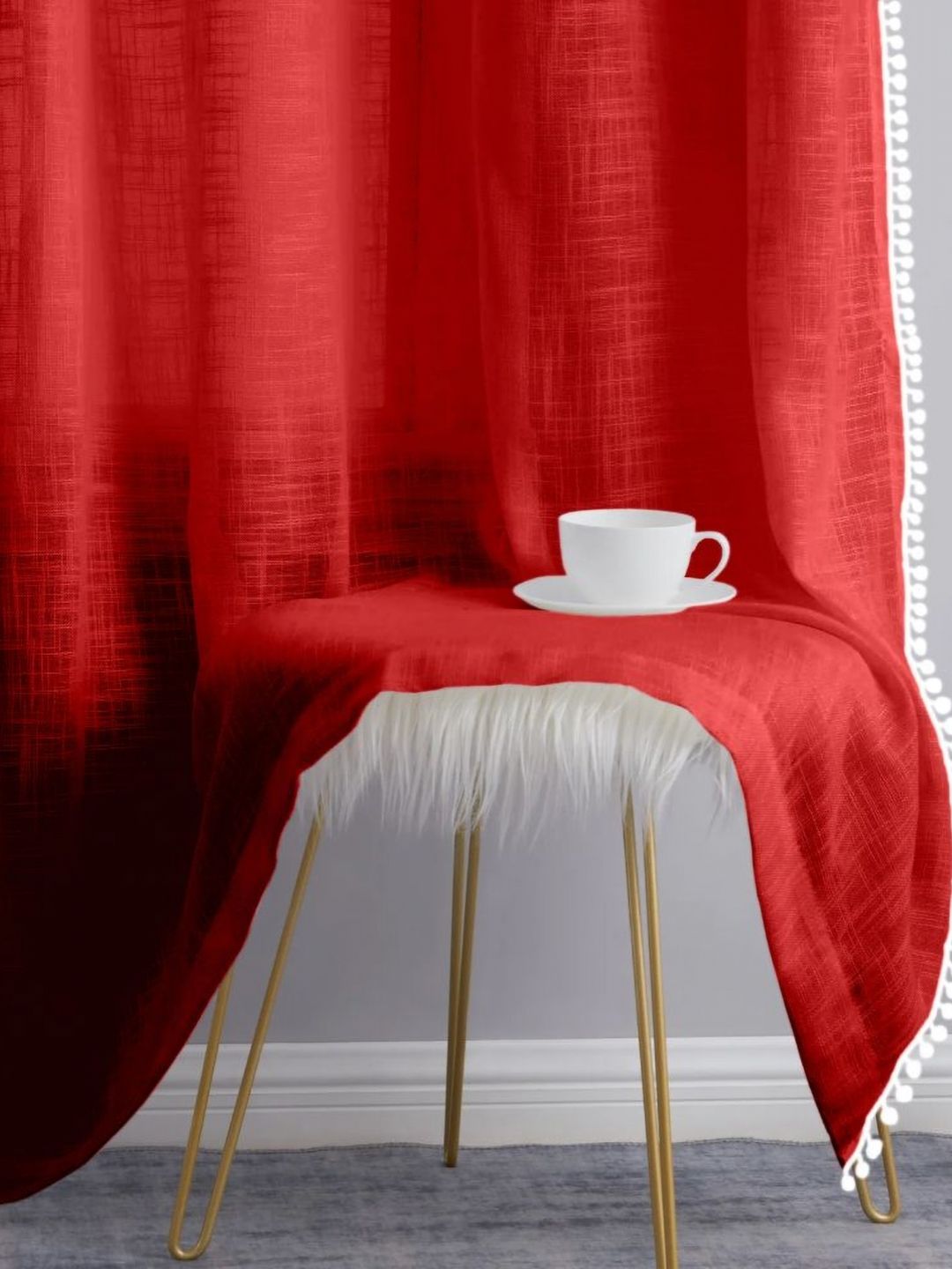 THE LINEN COMPANY Red & White 2 Pieces Cotton Sheer Long Door Curtains-picture-30