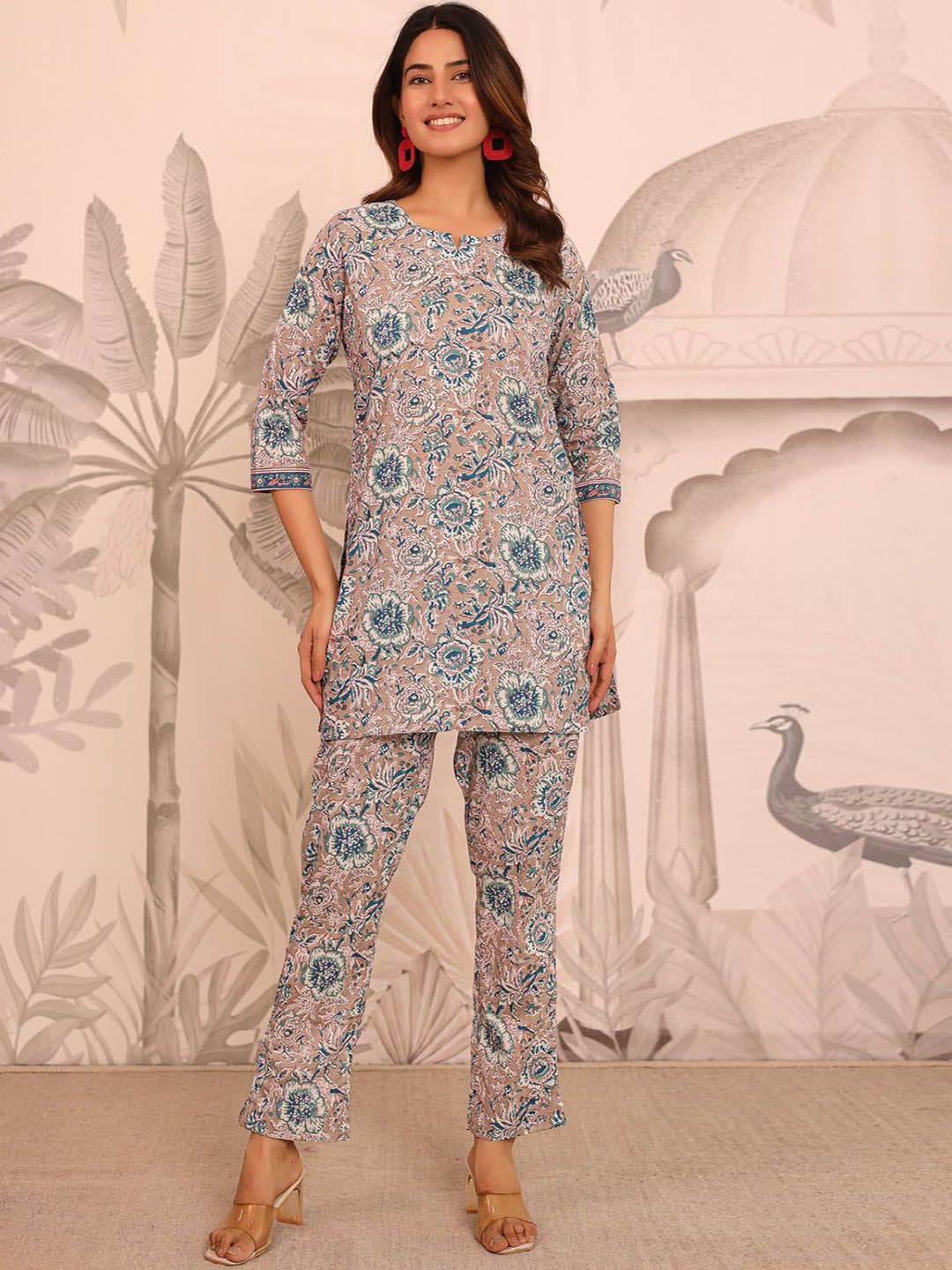 Kwatchi Casual Printed Cotton Tunic with Trousers Co-Ords