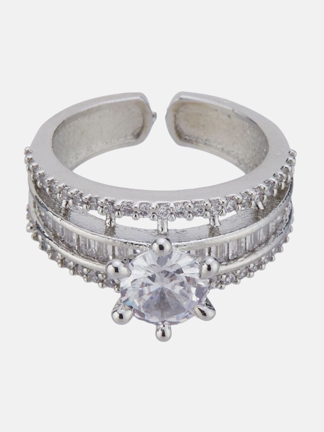 ATIBELLE Sliver-Plated Cubic-Zirconia-Studded Adjustable Finger Ring